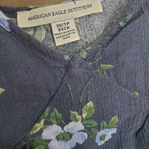AMERICA‎ EAGLE Womens Top XSmall Cold Shoulder Floral Long Sleeve Blue Ruched - Picture 5 of 9